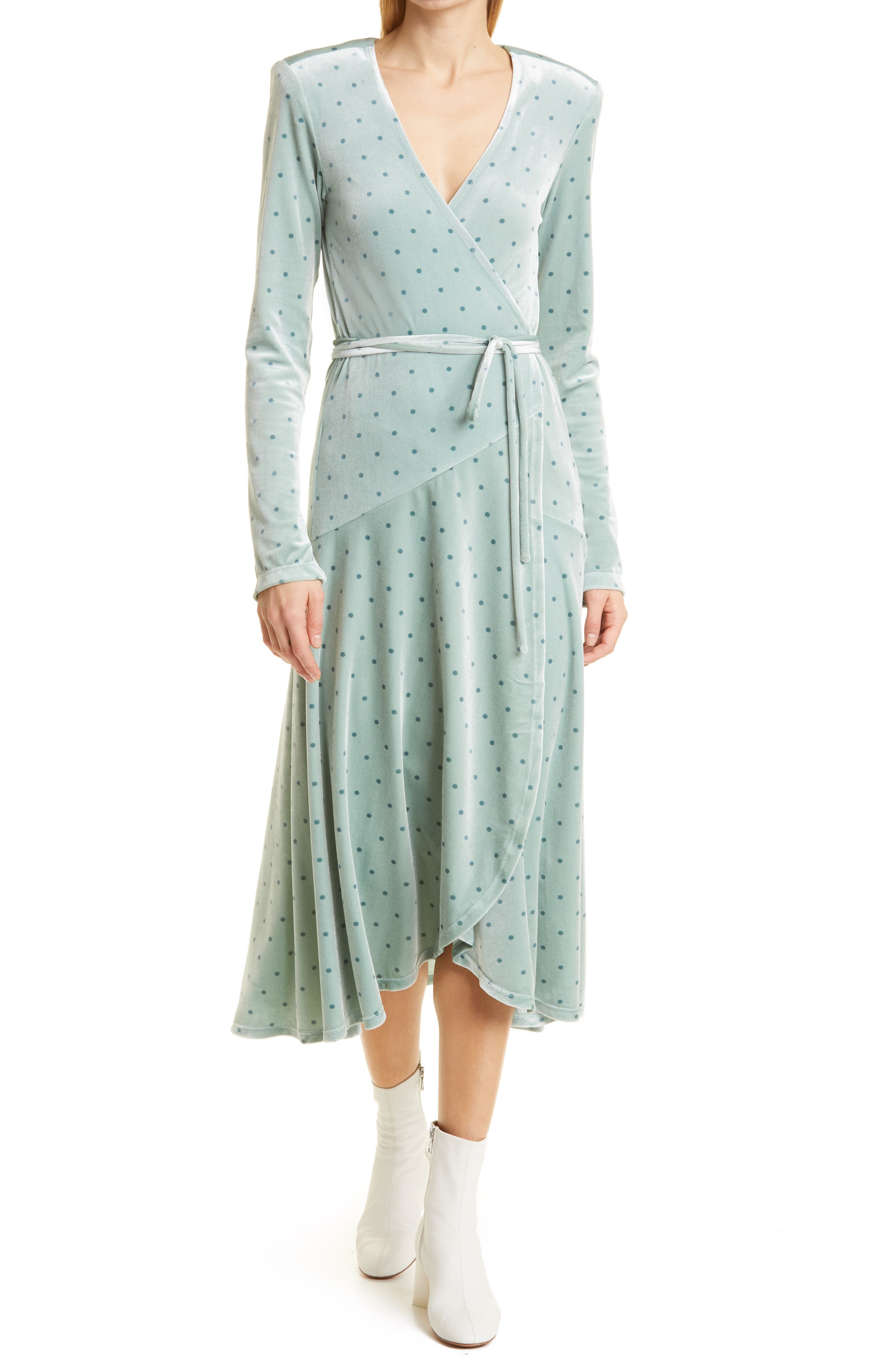 ROTATE Polka Dot Long Sleeve Velvet Wrap Dress | Nordstrom